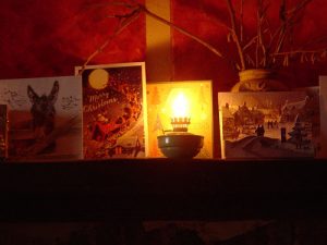 Paraffin Lamp on Christmas mantelpiece at Pistyll Gwyn